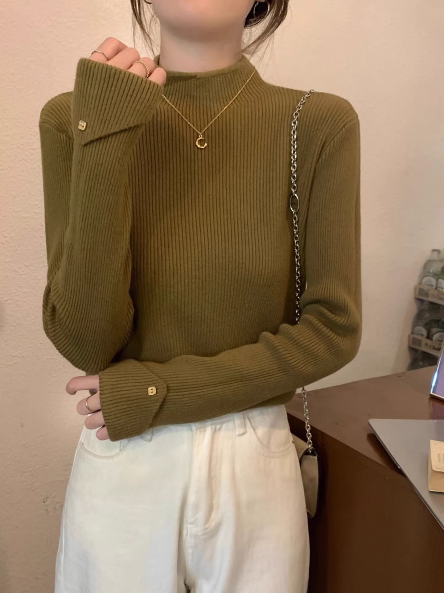 Áo len dệt kim cổ lọ nửa cao La Chapelle dành cho nữ, kiểu dáng thu đông mới 2025, áo lót mỏng, áo len mặc trong.