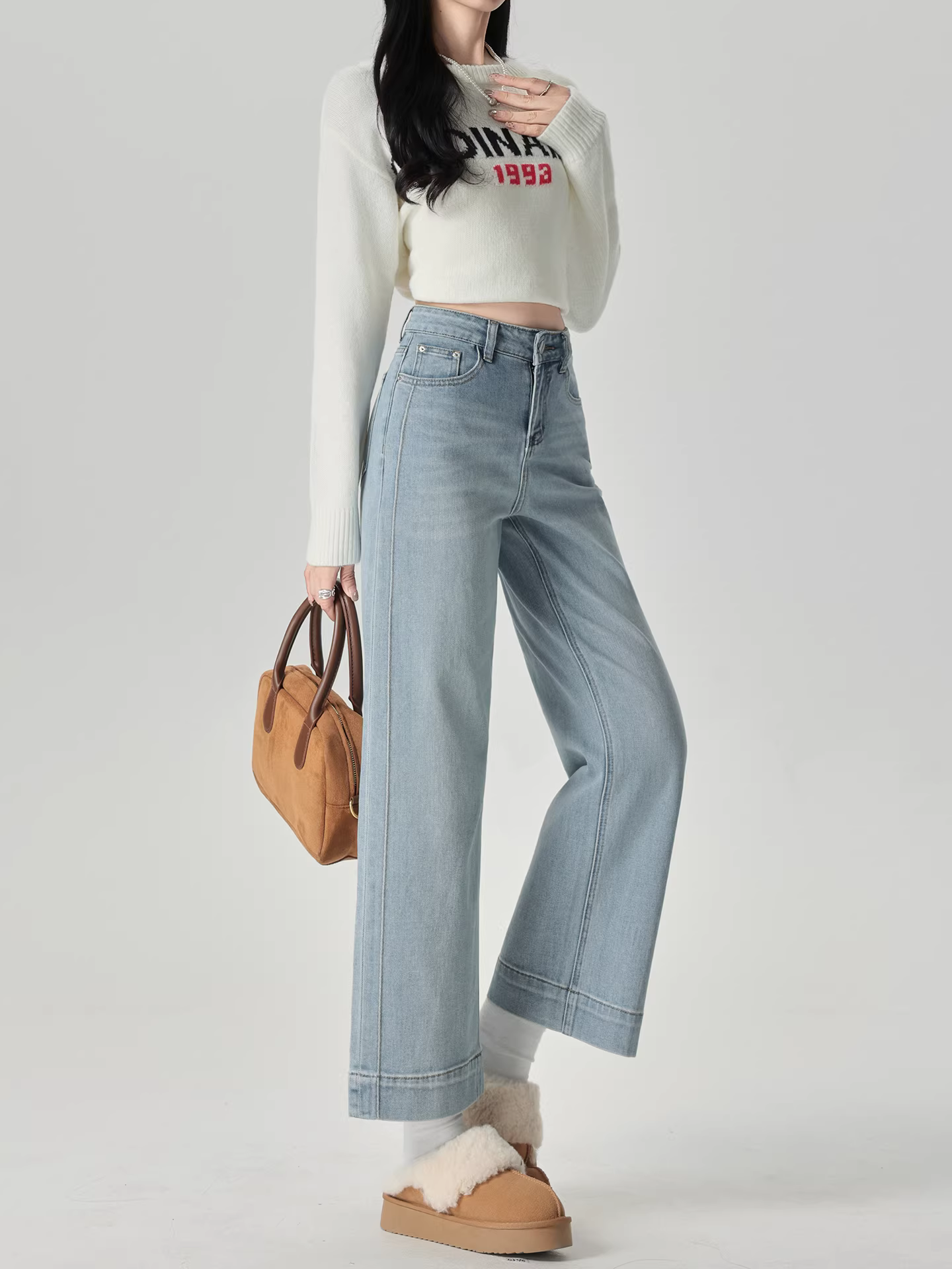 Quần jeans ống rộng màu sáng La Chapelle dành cho nữ, kiểu mới thu đông 2025, quần ống đứng cạp cao dáng ngắn, size nhỏ.