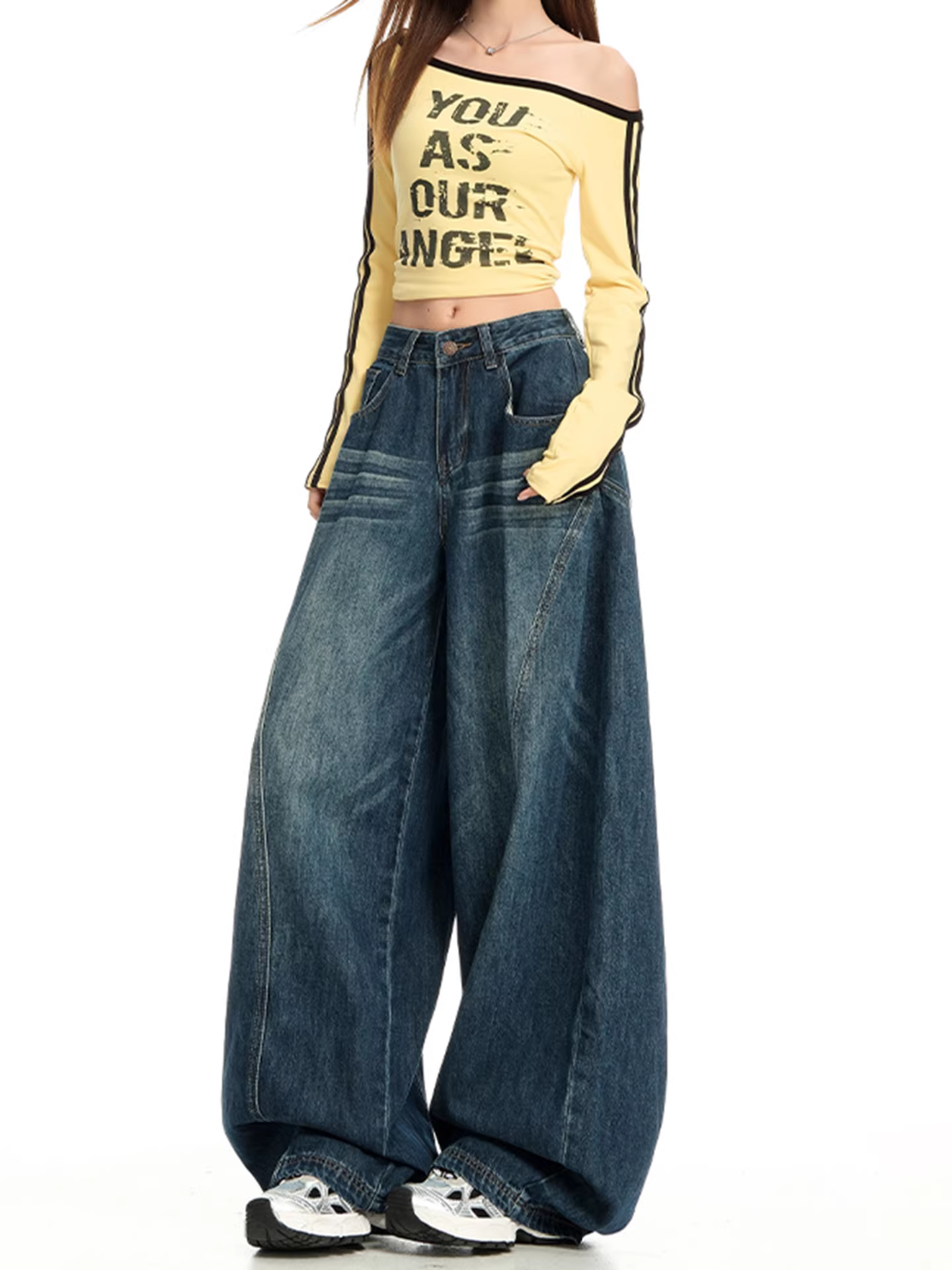 Quần jeans ống rộng lót lông dày La Chapelle dành cho nữ, mẫu mới thu đông 2025, cạp cao, dáng rộng, thẳng