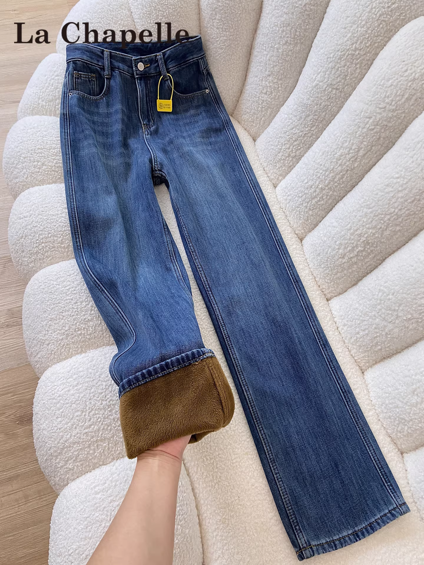 Quần jeans ống rộng lót lông cừu dáng ôm La Chapelle dành cho nữ, thu đông 2025, kiểu mới dày dặn, cạp cao, dáng thẳng rộng