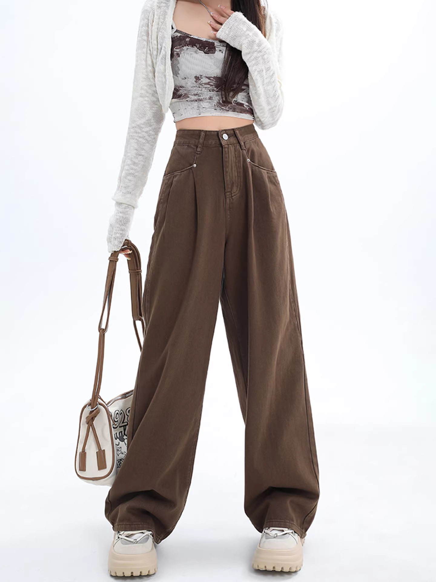 Quần jeans ống rộng màu cà phê lót lông cừu La Chapelle dành cho nữ, kiểu dáng mới thu đông 2025, cạp cao, phong cách Mỹ, chất liệu mềm mại.