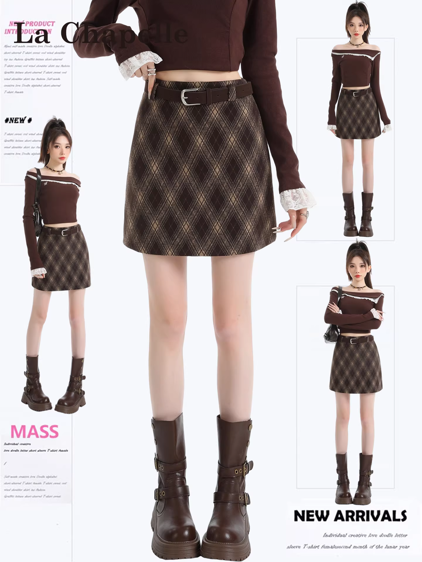 Váy kẻ ca rô nâu La Chapelle dành cho nữ 2025, kiểu dáng mới thu đông, chất liệu len, cạp cao, ôm dáng, ngắn, dành cho người nhỏ nhắn