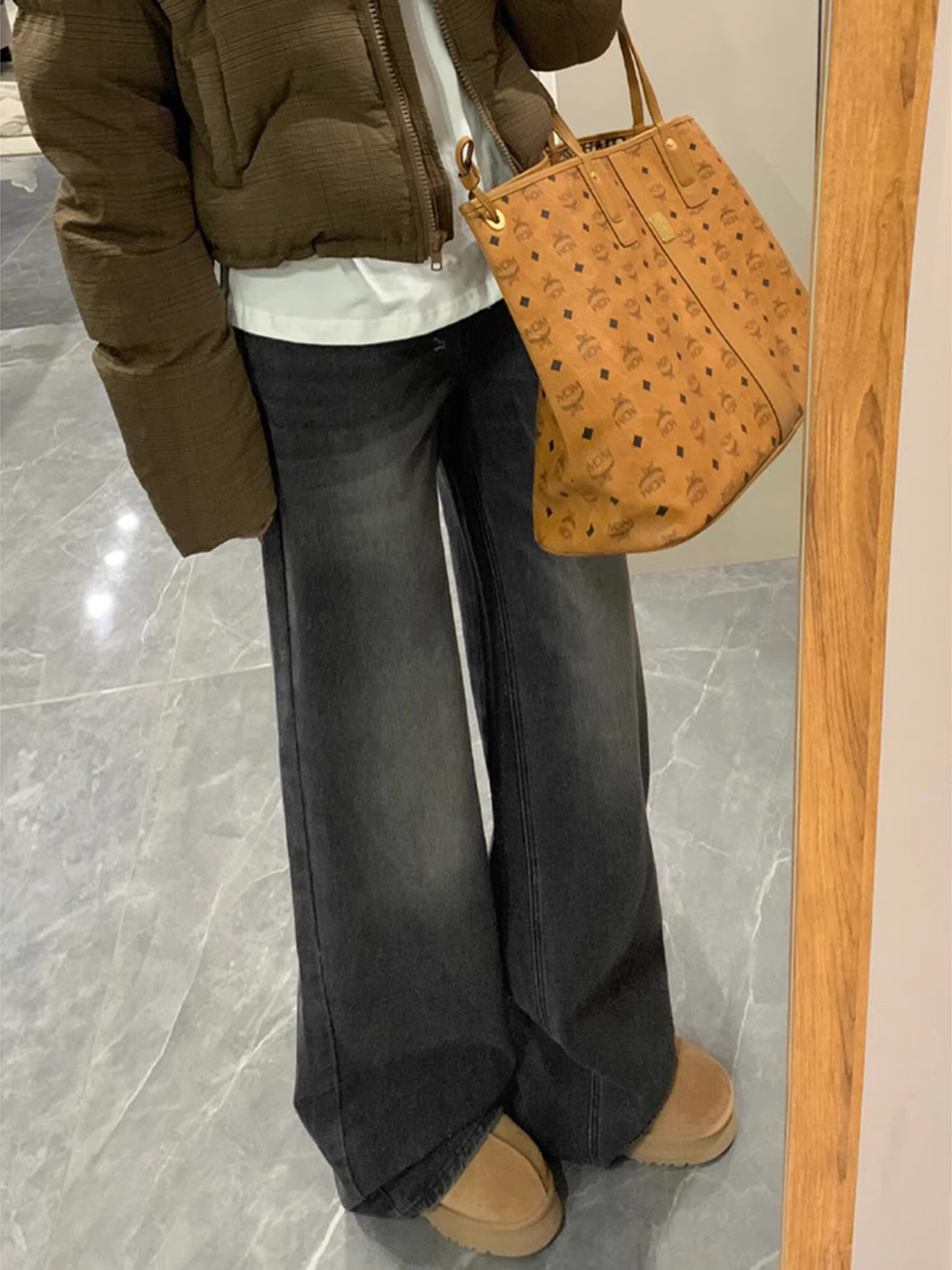 Quần jeans ống rộng lót lông dày La Chapelle dành cho nữ, mẫu mới thu đông 2025, cạp cao, dáng thẳng, size nhỏ nhắn