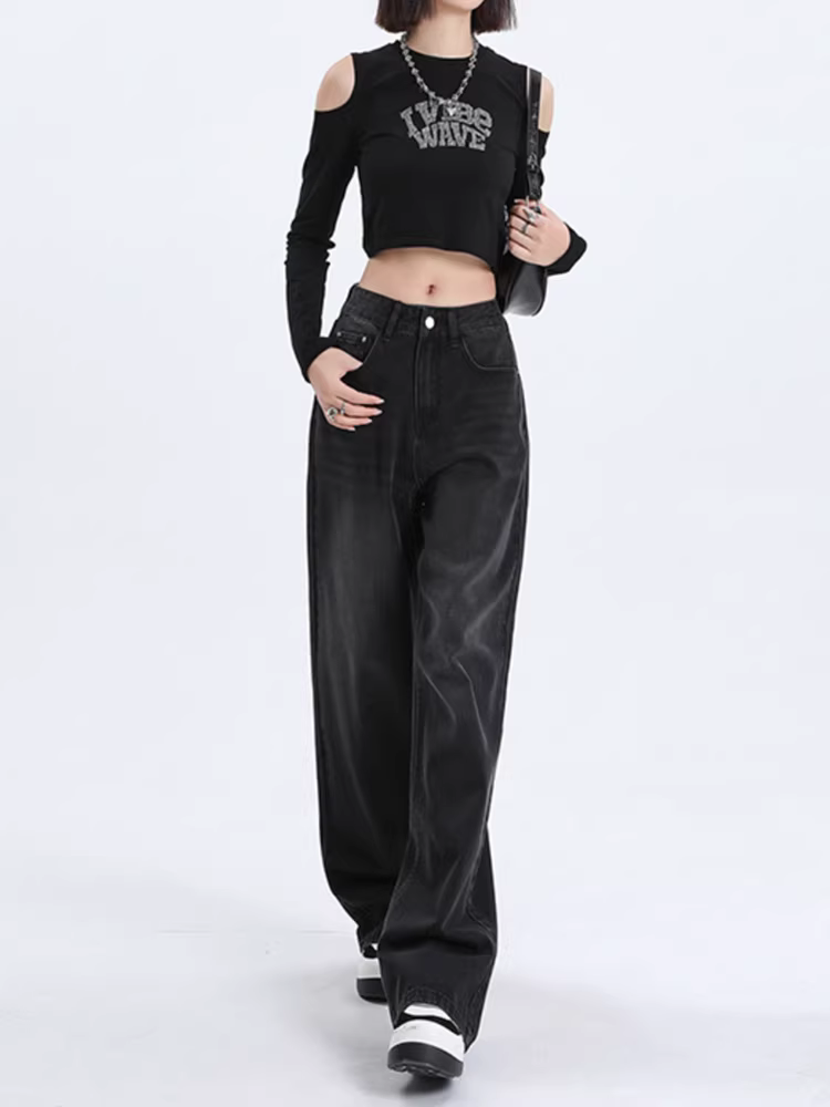 Quần jeans ống rộng màu đen và xám La Chapelle dành cho nữ, mẫu mới thu đông 2025, lót lông, cạp cao, dáng rộng, ống thẳng, dài chấm đất