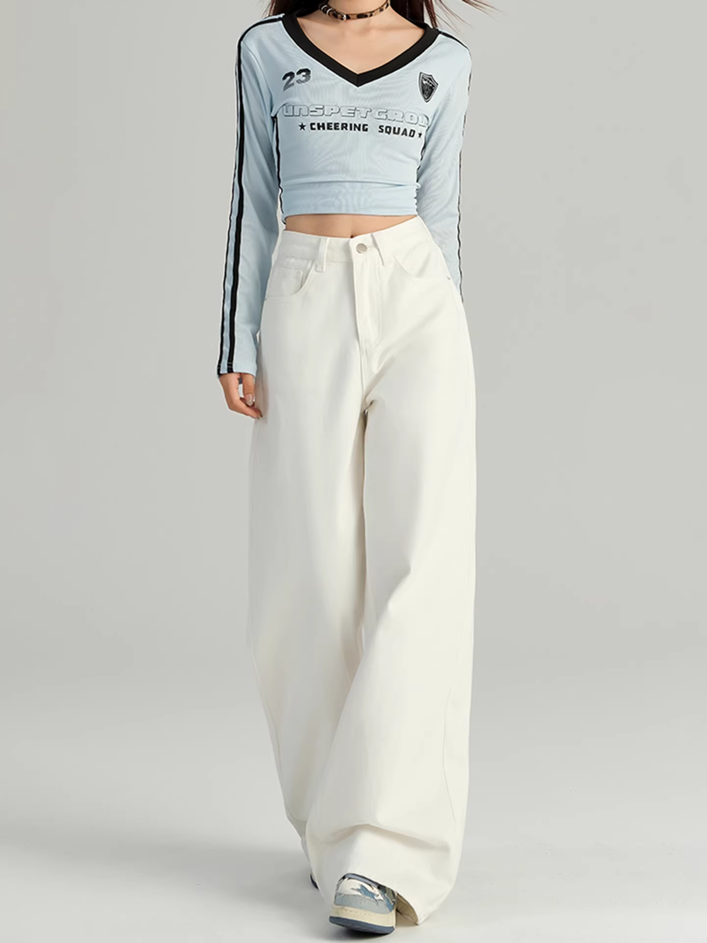 Quần jeans trắng La Chapelle ống rộng dành cho nữ, mẫu mới thu 2025, dáng nhỏ nhắn, cạp cao, rộng rãi, dài chấm đất, kiểu thẳng