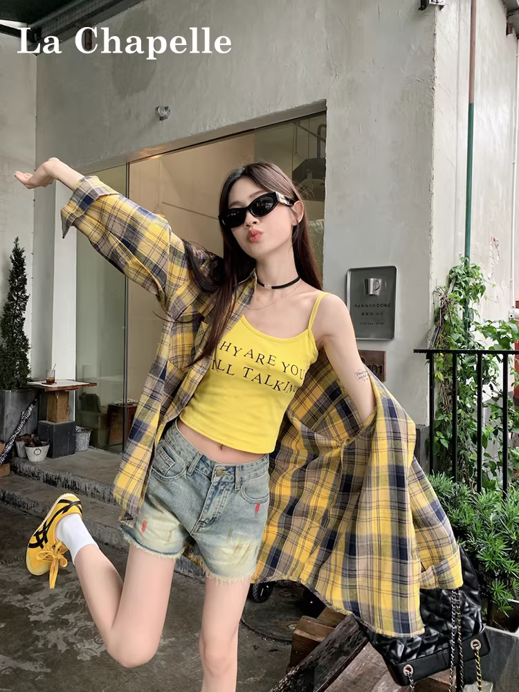 Áo chống nắng kẻ sọc La Chapelle dành cho nữ, màu vàng, phong cách mùa thu mới 2025, áo cardigan dài tay nhỏ nhắn.