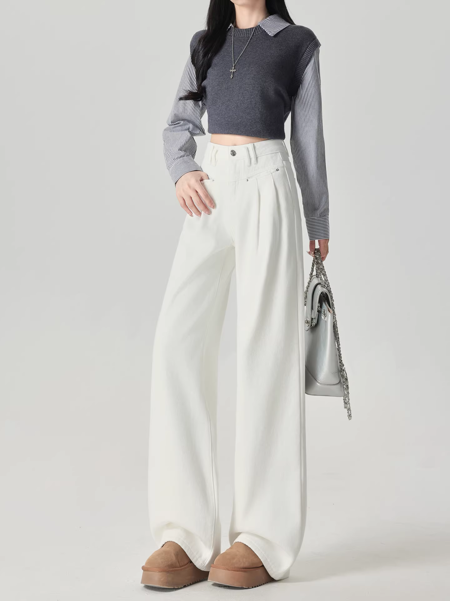 Quần jeans ống rộng dày dặn lót lông trắng La Chapelle dành cho nữ, mẫu mới thu đông 2025, cạp cao, xếp ly, dáng thẳng