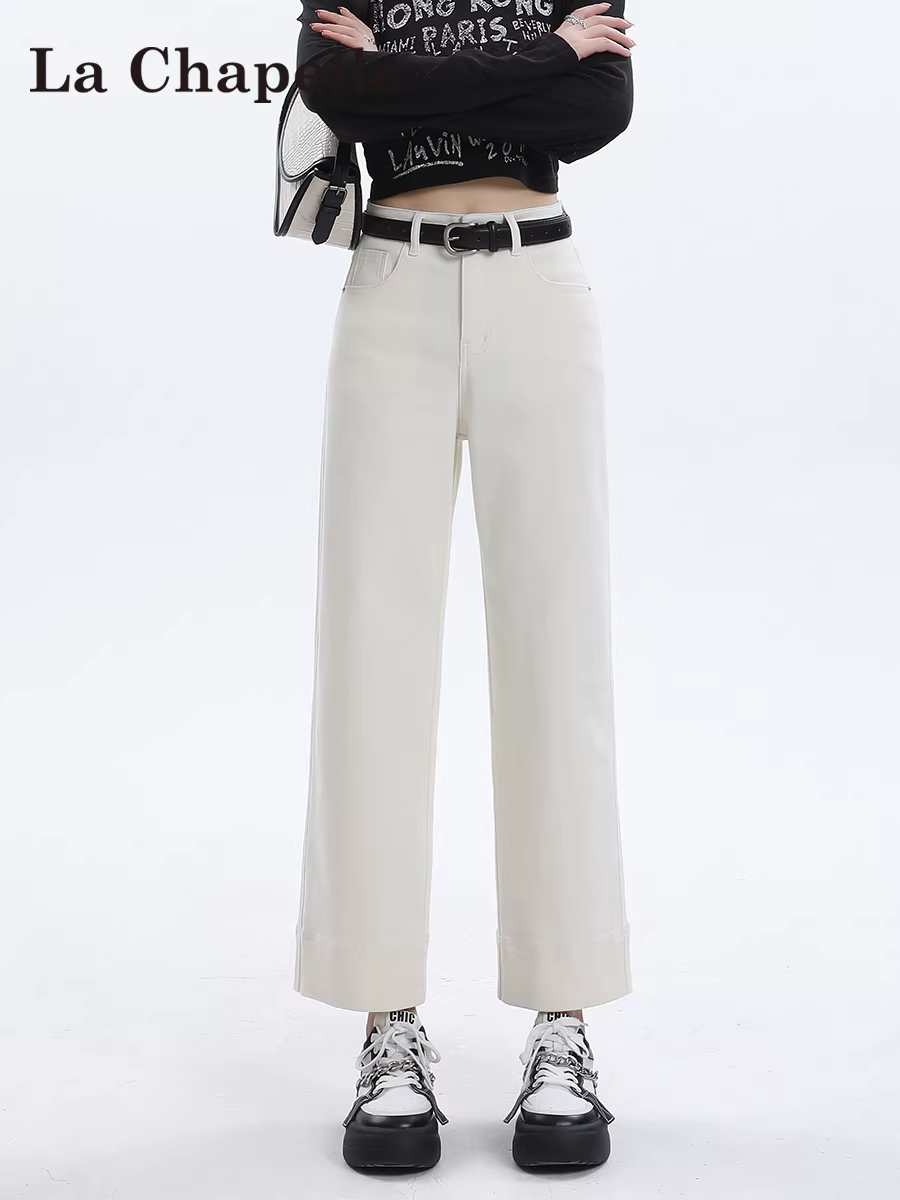 Quần jean ống rộng lót lông trắng La Chapelle dành cho nữ, quần dài chín phần dáng rộng thẳng, mẫu mới thu đông 2025.
