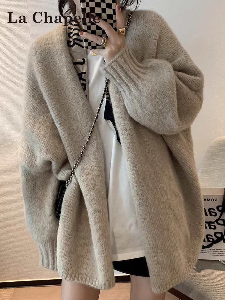 Áo khoác cardigan len dệt kim dài tay La Chapelle dáng rộng cho nữ, mẫu mới thu đông 2025, phong cách lười biếng, mềm mại và ấm áp