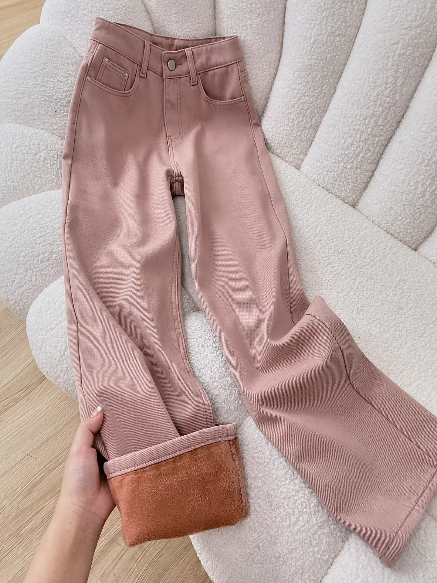 Quần jeans ống rộng lót lông trắng La Chapelle dành cho nữ, mẫu mới thu đông 2025, cạp cao, dáng thẳng, tôn dáng