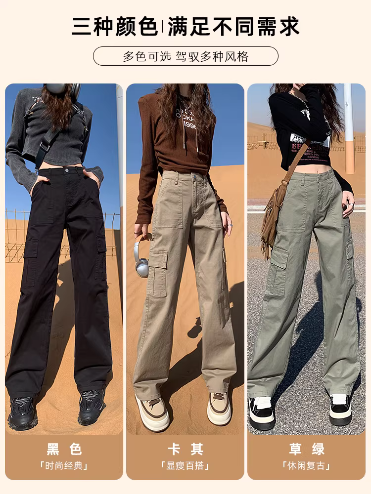 Quần cargo denim lót lông đen La Chapelle dành cho nữ, kiểu dáng Mỹ mới mùa thu đông 2025, cạp cao, ống rộng thẳng