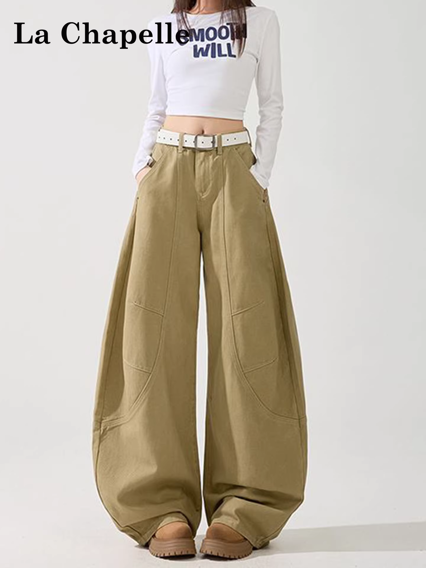 Quần jeans ống rộng màu kaki La Chapelle dành cho nữ, mẫu mới thu đông 2025, cạp cao, dáng rộng, thẳng