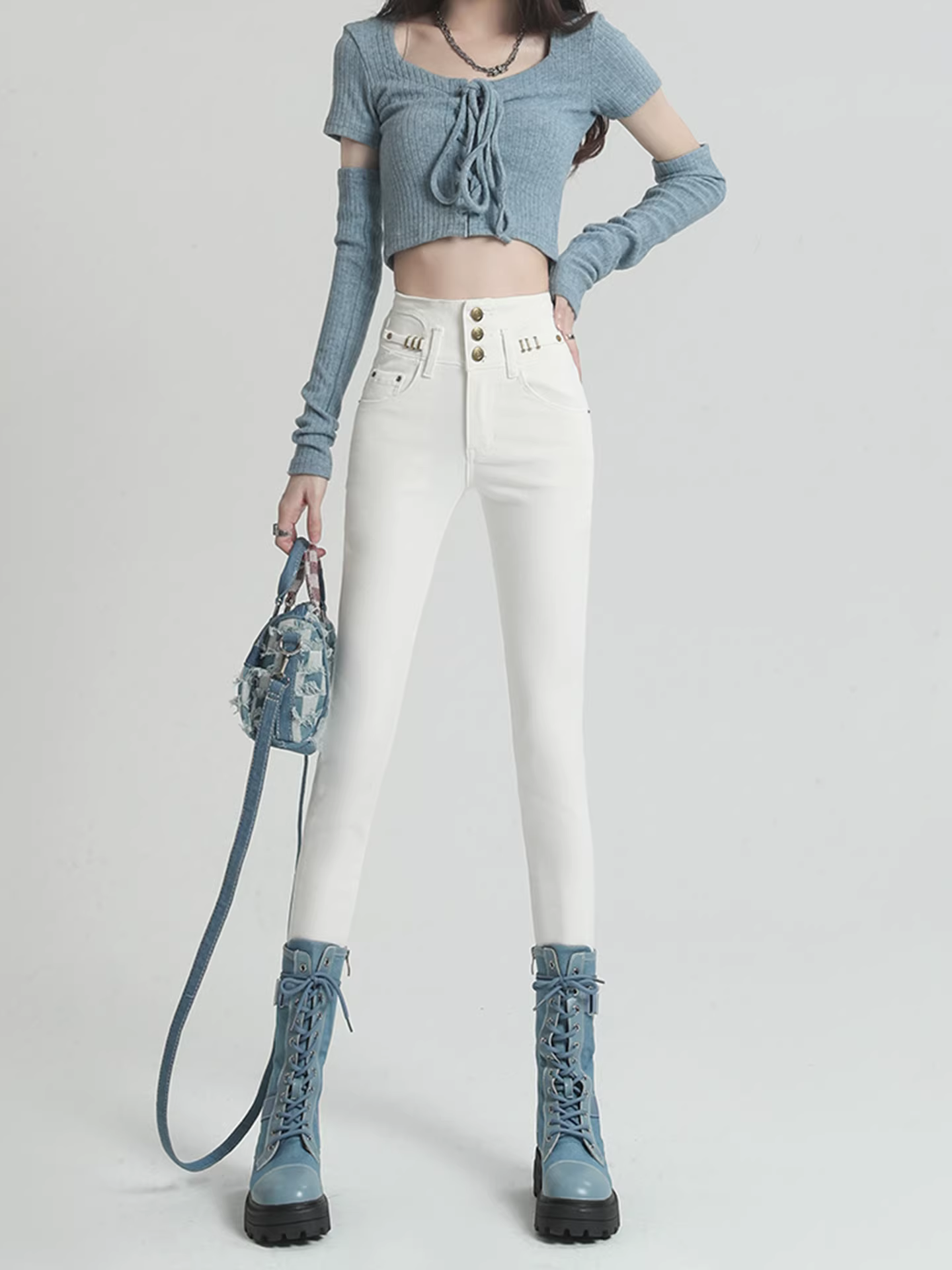 Quần jean trắng La Chapelle dáng ôm cho nữ, mẫu mới thu đông 2025, cạp cao, kiểu dáng bút chì, size nhỏ nhắn