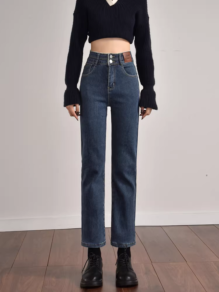 Quần jean La Chapelle dáng thẳng chín phần dành cho nữ, kiểu mới thu đông 2025, lót lông cừu, dày dặn, cạp cao, ôm dáng, kiểu quần thuốc lá.