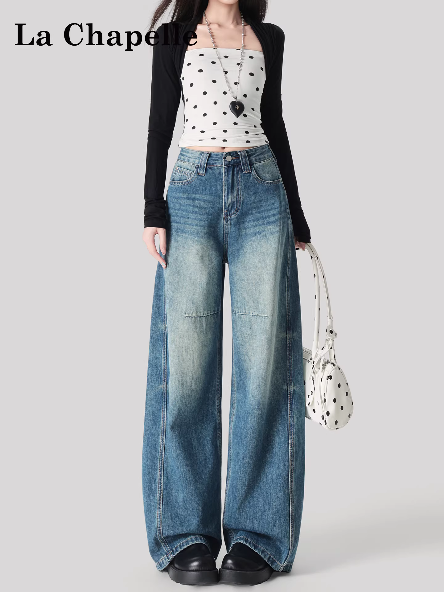 Quần jeans ống rộng La Chapelle kiểu retro dành cho nữ, mẫu mới thu đông 2025, cạp cao, dáng rộng, thẳng, dành cho người nhỏ nhắn