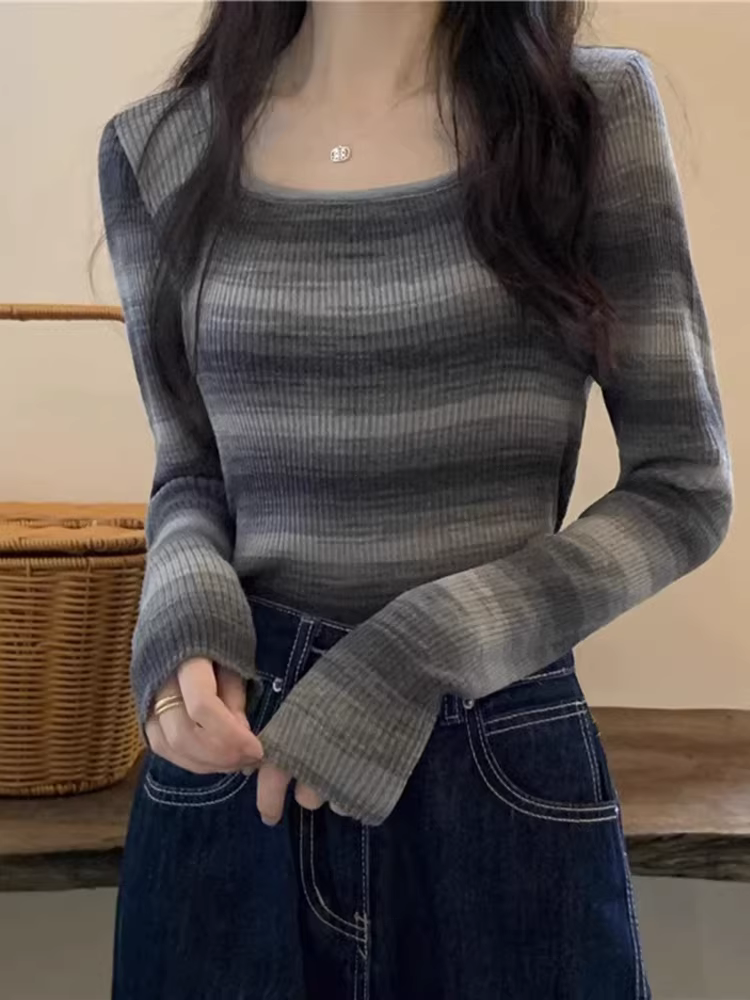 Áo len dệt kim cổ vuông kẻ sọc La Chapelle dành cho nữ, áo lót ngắn ôm sát kiểu mới thu đông 2025.