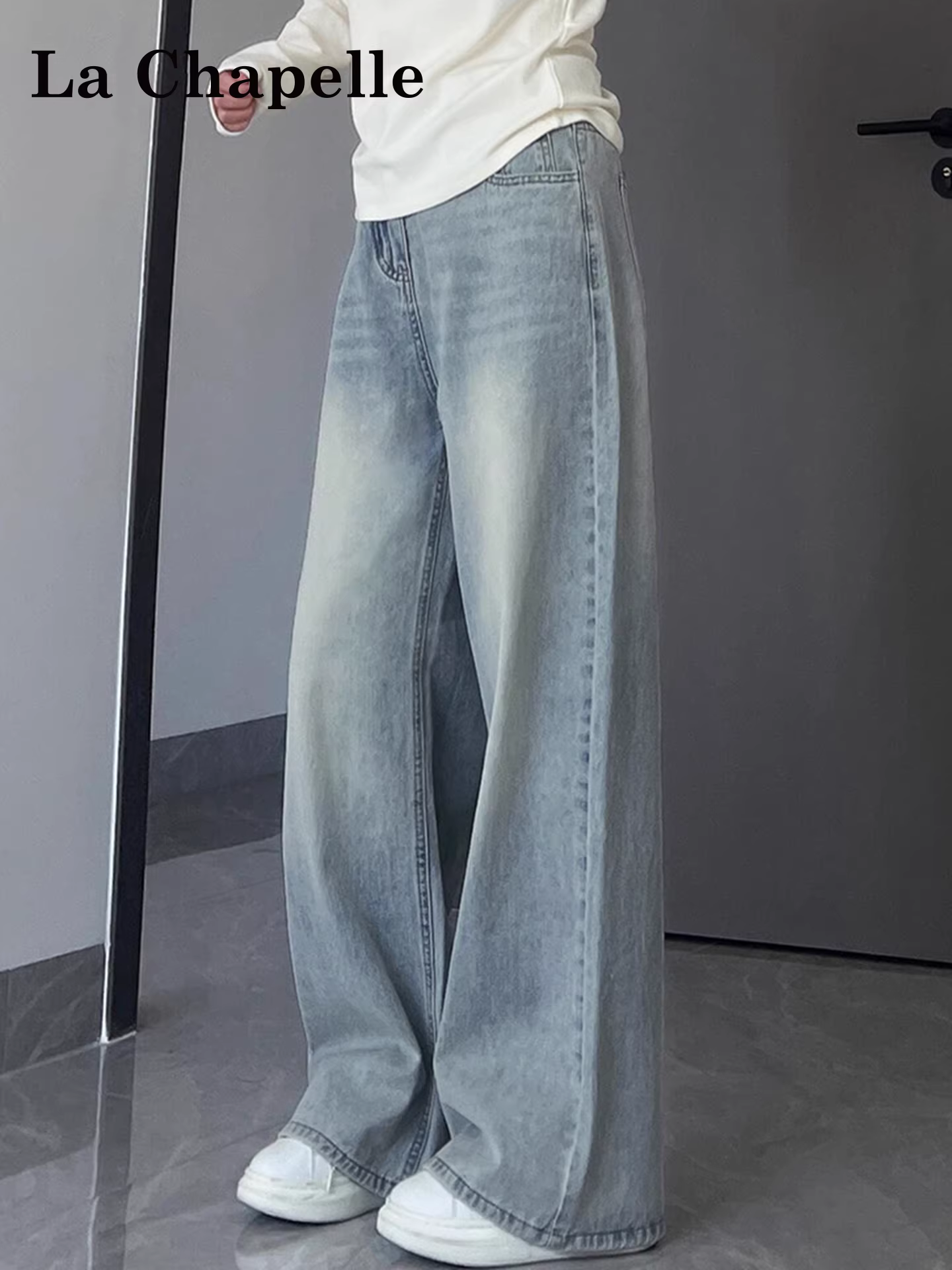 Quần jeans ống rộng dày dặn lót lông màu sáng La Chapelle dành cho nữ, mẫu mới thu đông 2025, cạp cao, dáng suôn