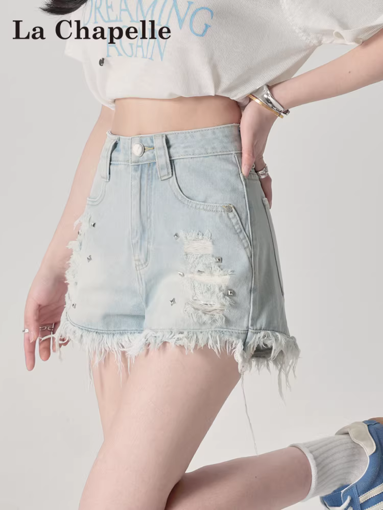 Quần short denim rách màu sáng La Chapelle dành cho nữ, quần short dáng chữ A mỏng lưng cao mới mùa hè 2025