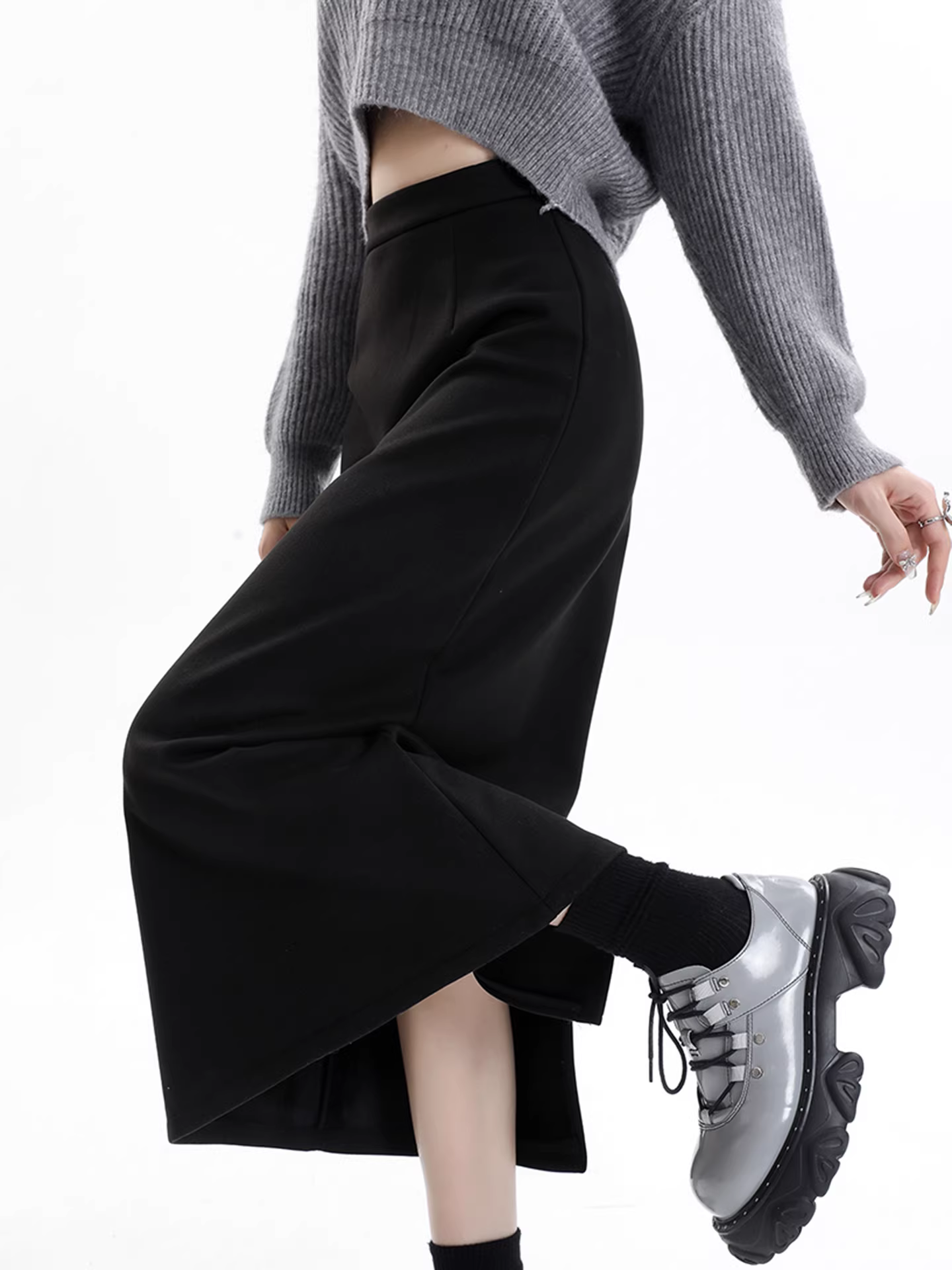 Váy len lót lông màu xám La Chapelle dành cho nữ, váy dài ngang hông xẻ tà cao cấp mùa thu đông 2025