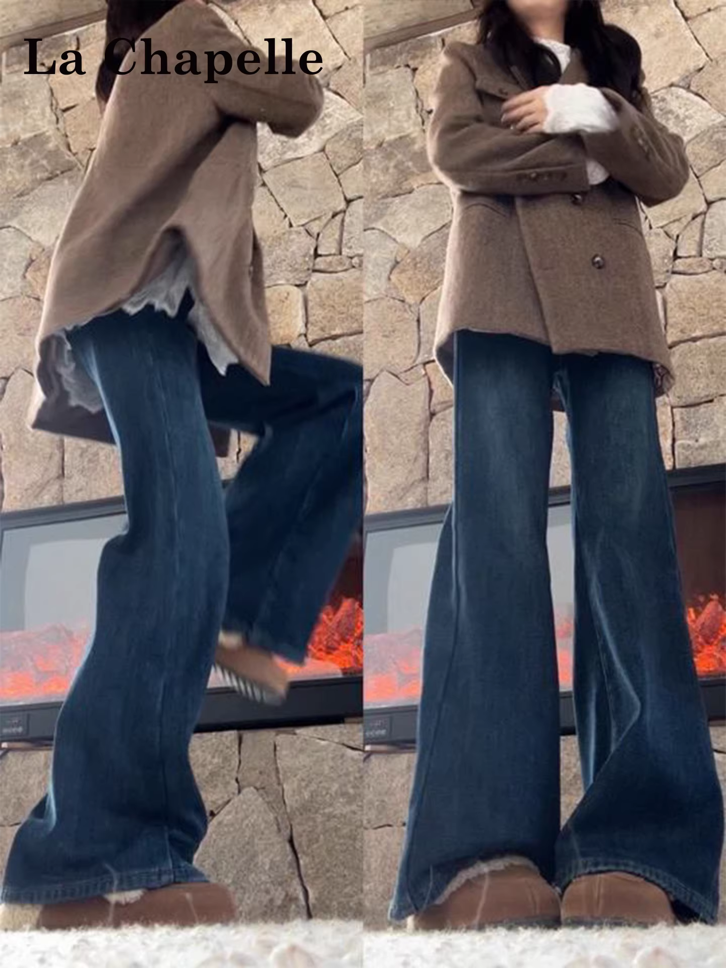 Quần jeans ống loe dày dặn lót lông màu xanh đậm La Chapelle dành cho nữ, mẫu mới thu đông 2025, không bó sát
