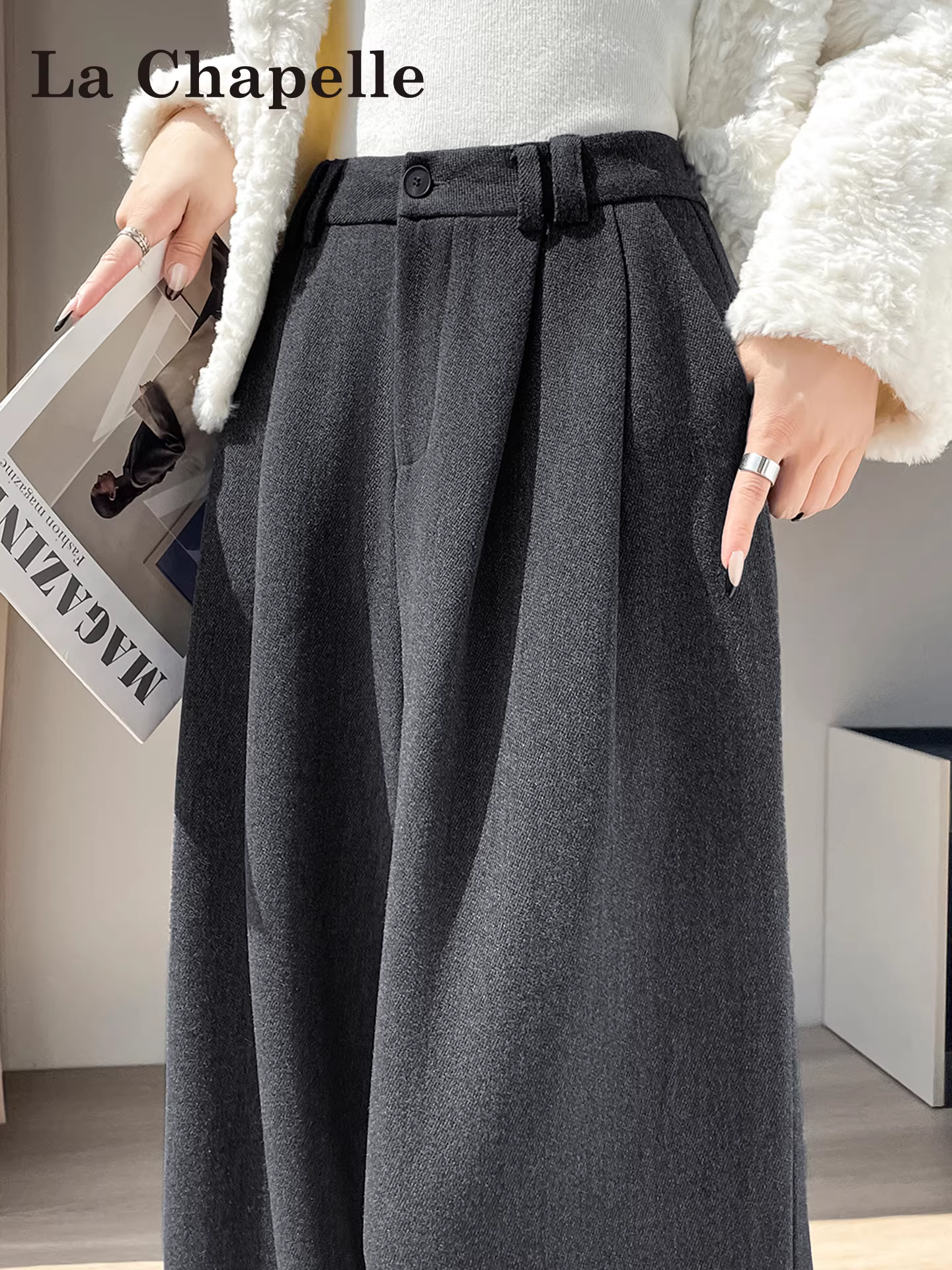 Bộ vest len dày lót lông màu xám La Chapelle, quần ống rộng dành cho nữ, mẫu mới thu đông 2025, quần cạp cao, phong cách thường ngày