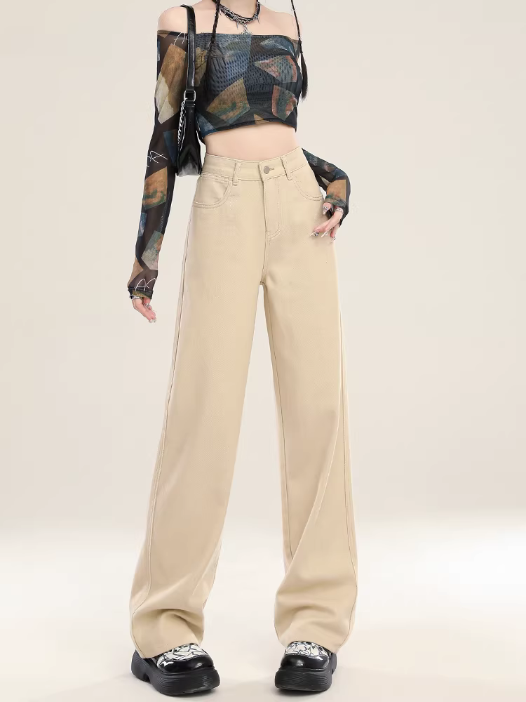 Quần jeans ống rộng lót lông cừu La Chapelle dành cho nữ, mùa thu đông 2025, kiểu dáng mới, cạp cao, dáng rộng, thẳng.