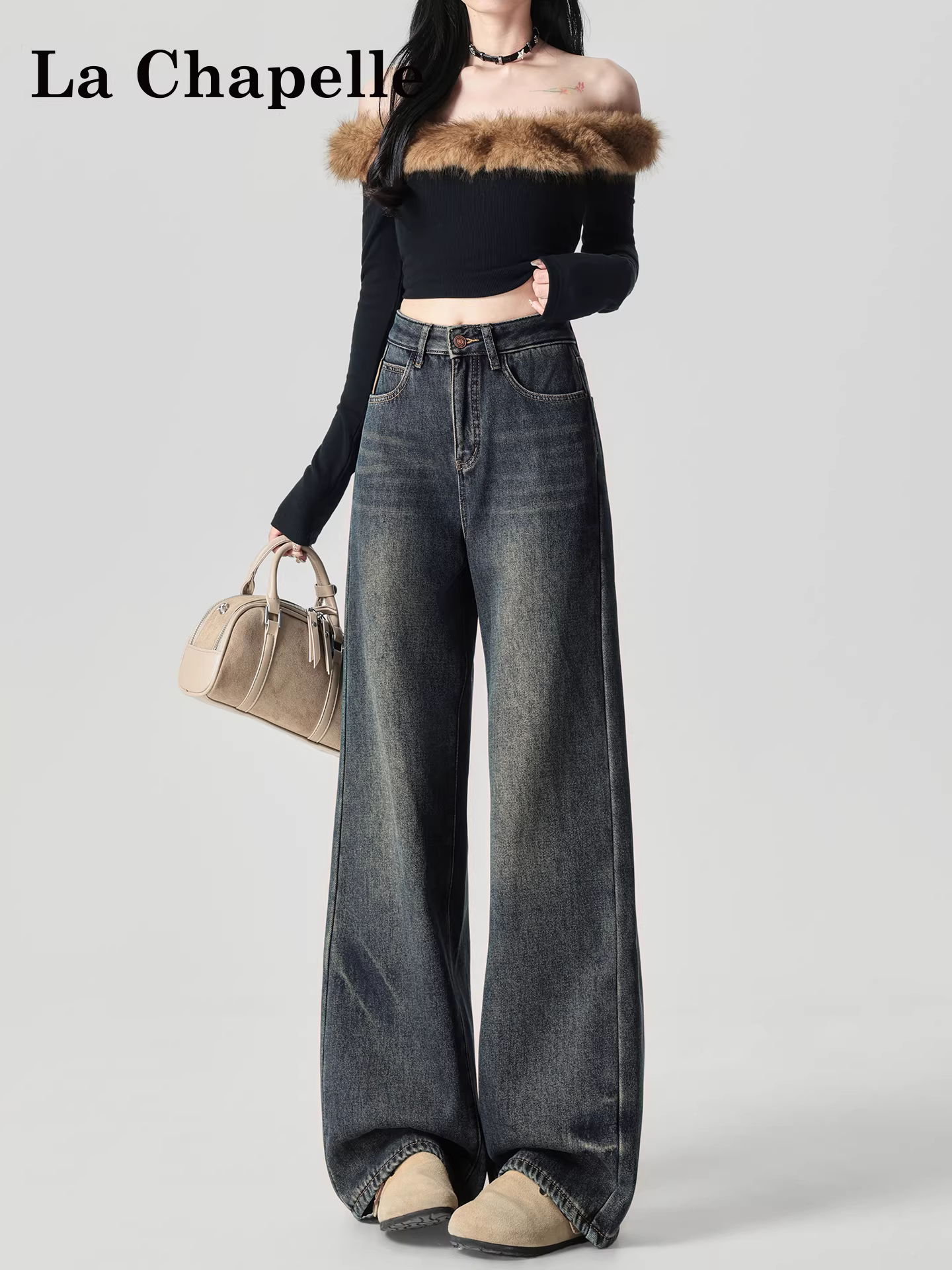 Quần jeans ống rộng lót lông dày kiểu La Chapelle dành cho nữ, mẫu mới thu đông 2025, dáng rộng suông, size nhỏ