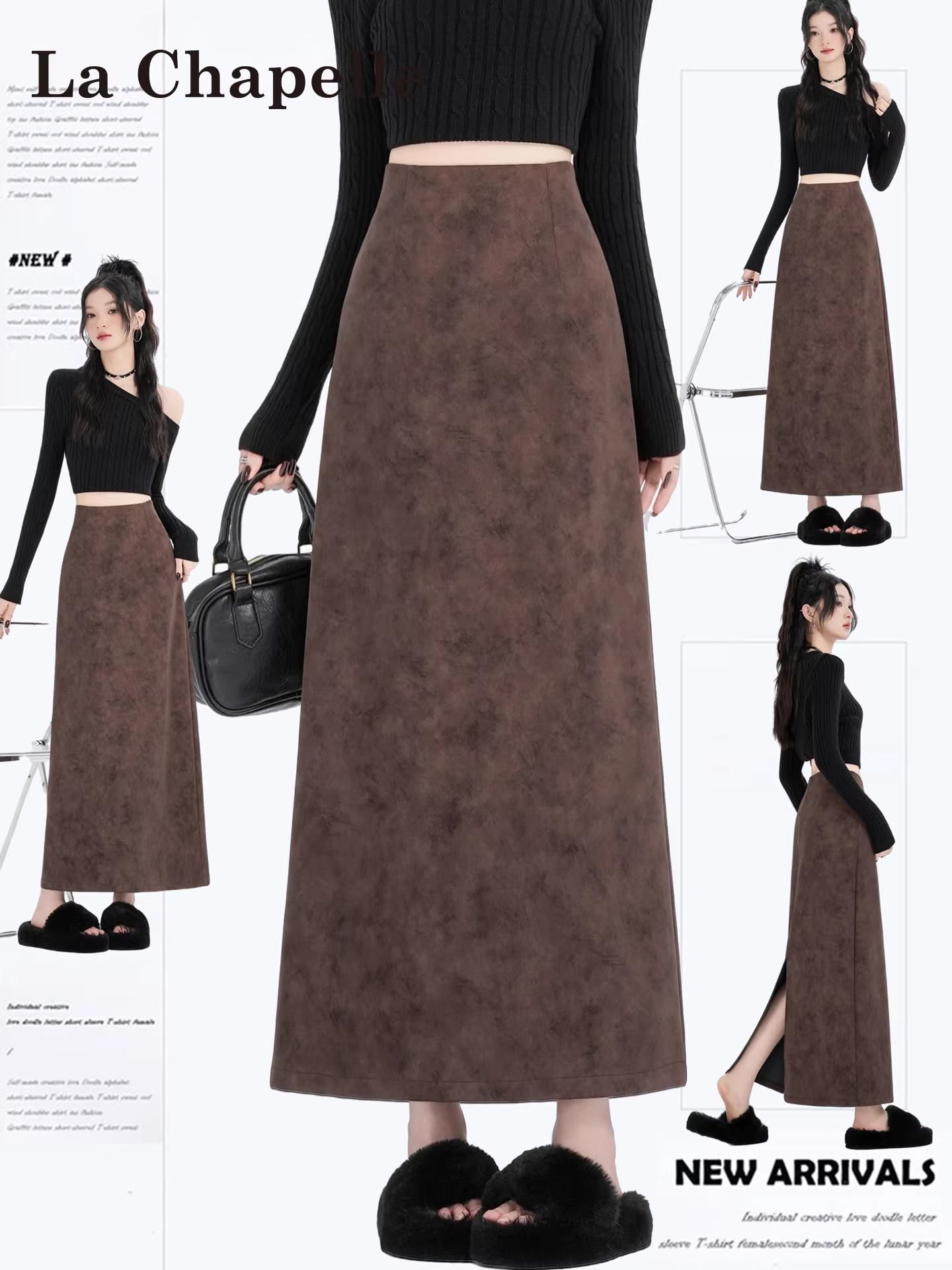 Chân váy da lộn cao eo màu cà phê La Chapelle dành cho nữ, kiểu dáng xẻ tà chữ A dài qua gối, mùa thu đông 2025 mới