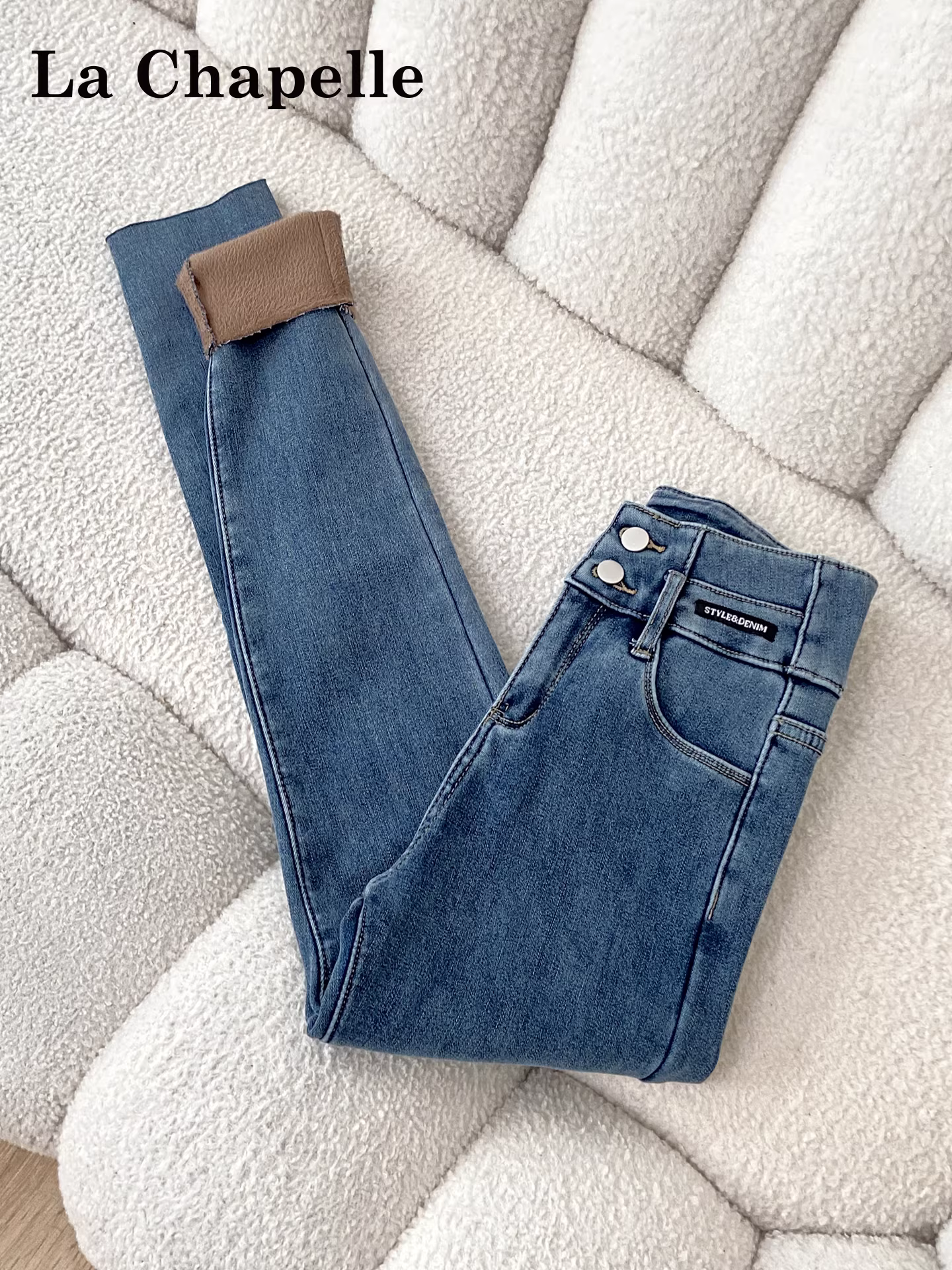 Quần jeans nữ La Chapelle kiểu dáng ôm sát, lót lông dày dặn, chất liệu co giãn, cạp cao, mùa thu đông 2025