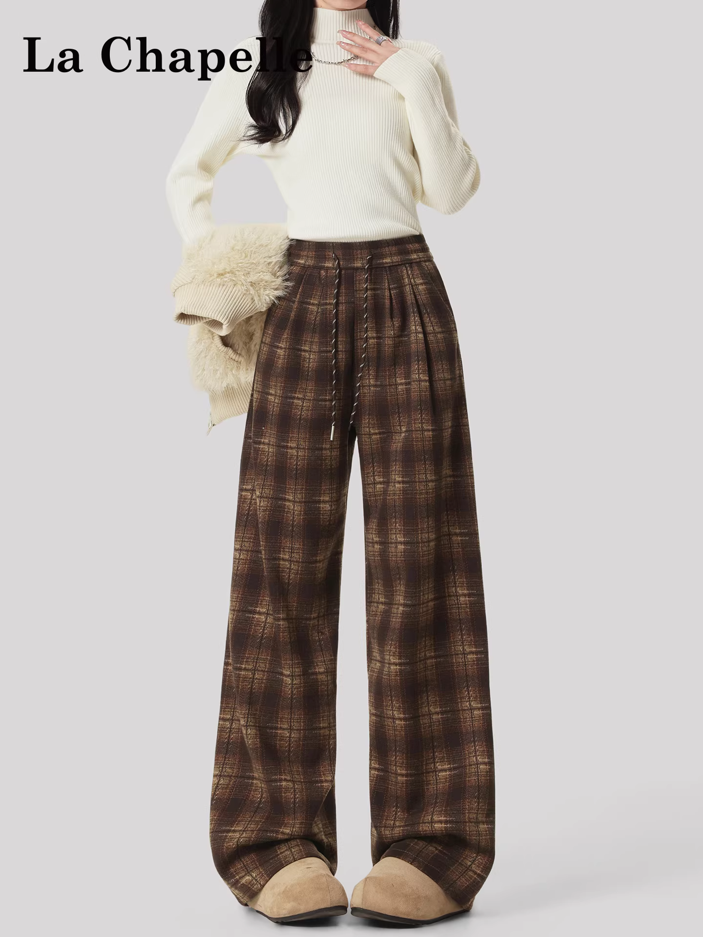 Quần ống rộng kẻ ca rô dày dặn lót lông cừu La Chapelle dành cho nữ, mẫu mới thu đông 2025, chất liệu len, kiểu dáng thẳng, phong cách thường ngày