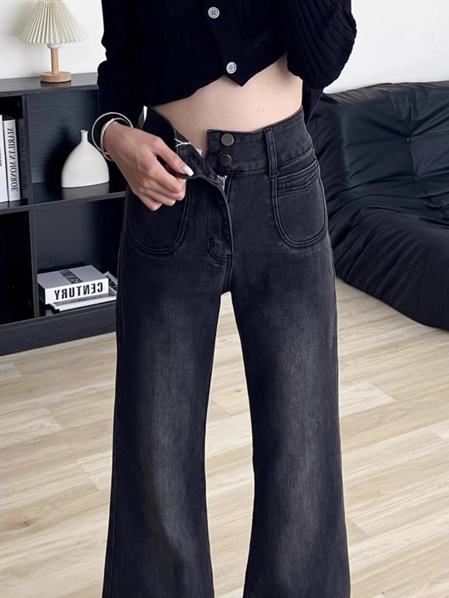 Quần jeans nữ La Chapelle lót lông dày, dáng ôm, ống loe, kiểu mới thu đông 2025, cạp cao, kiểu bootcut