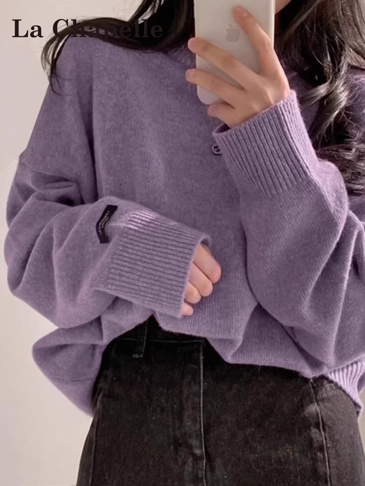 Áo len dệt kim cổ tròn màu tím La Chapelle dành cho nữ, kiểu mới thu đông 2025, áo len phong cách lười biếng, áo thun rộng rãi.