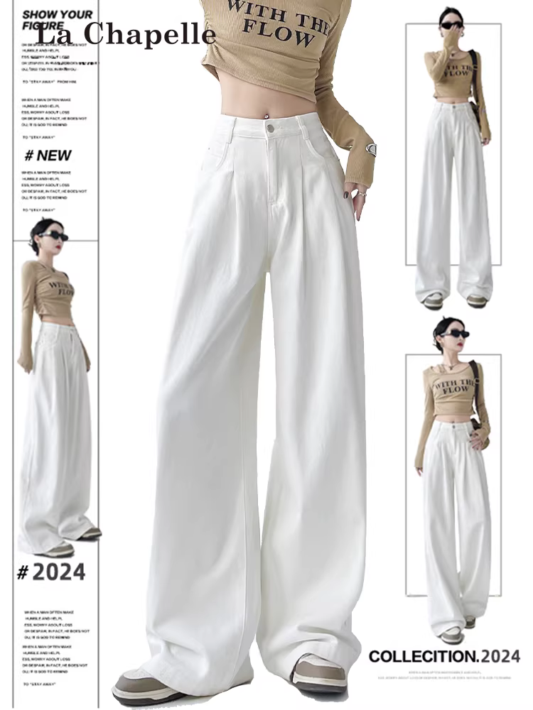 Quần jeans trắng lưng cao ống rộng La Chapelle dành cho nữ 2025, kiểu dáng mới, rộng rãi, tôn dáng, ống thẳng, thích hợp cho mùa thu đông