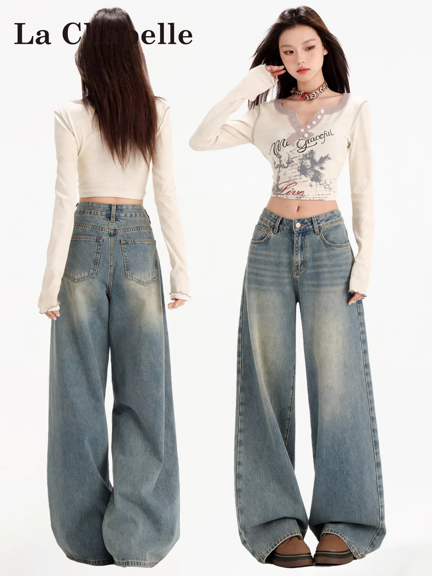 Quần jean ống rộng dài chấm đất màu sáng La Chapelle dành cho nữ, mùa thu đông 2025, kiểu dáng mới, cạp cao, dáng thẳng, dành cho người nhỏ nhắn