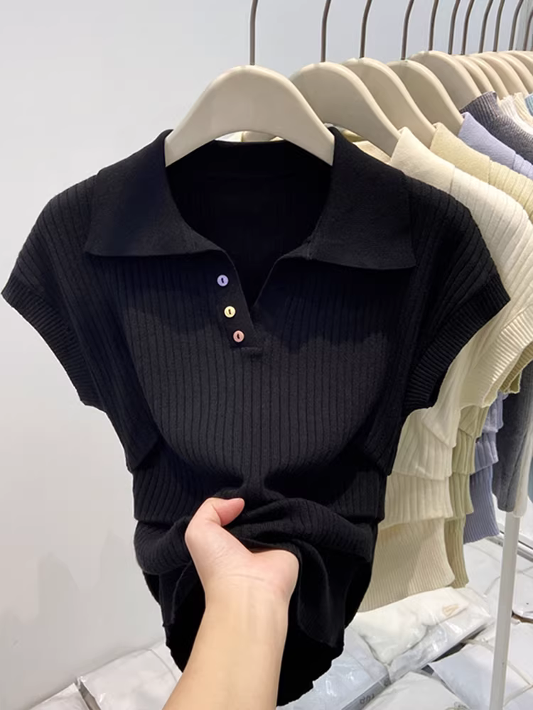 Áo thun nữ tay ngắn kiểu Pháp La Chapelle, áo sơ mi cổ trụ mùa hè mới 2025, kiểu ôm sát, mặc trong.