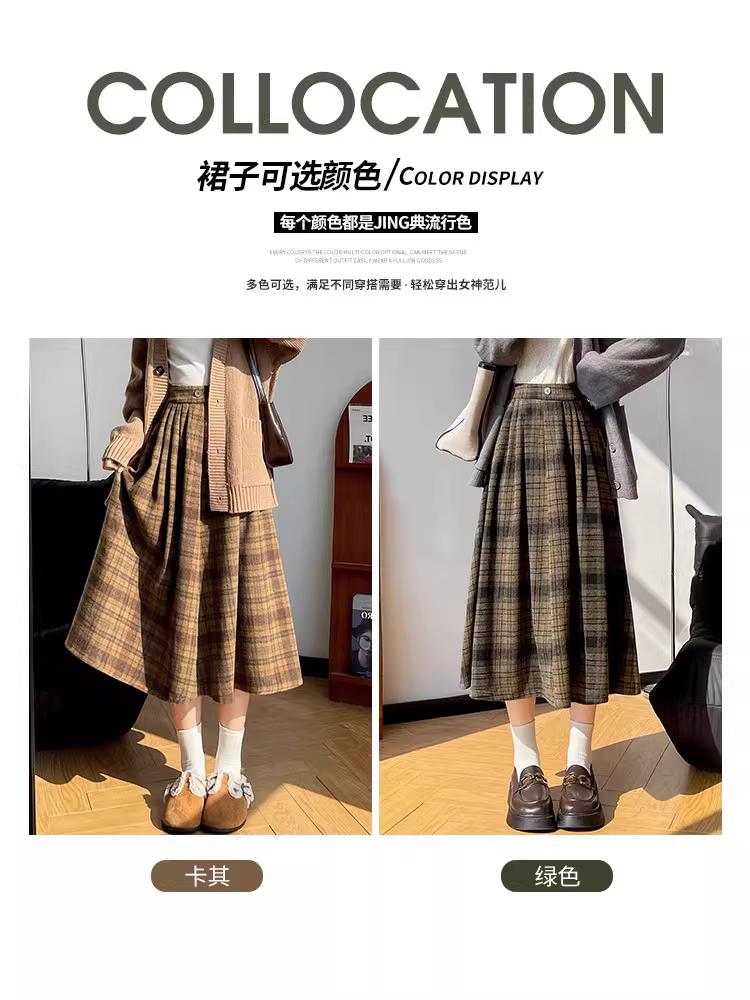 Váy len kẻ ca rô La Chapelle dành cho nữ, mùa thu đông 2025, kiểu dáng chữ A, dáng ngắn, xếp ly.