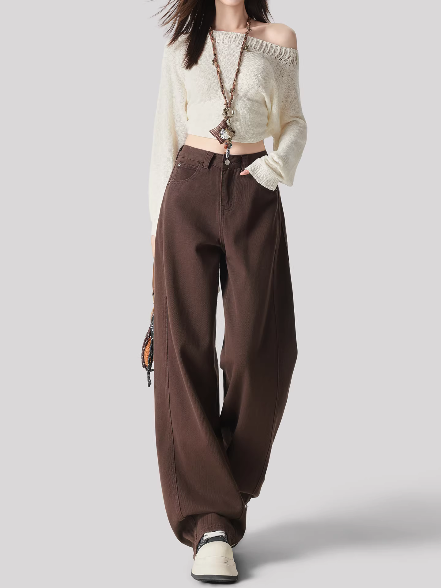 Quần jeans ống rộng màu cà phê La Chapelle dành cho nữ, thu đông 2025, kiểu dáng mới, cạp cao, dáng thẳng, size nhỏ nhắn