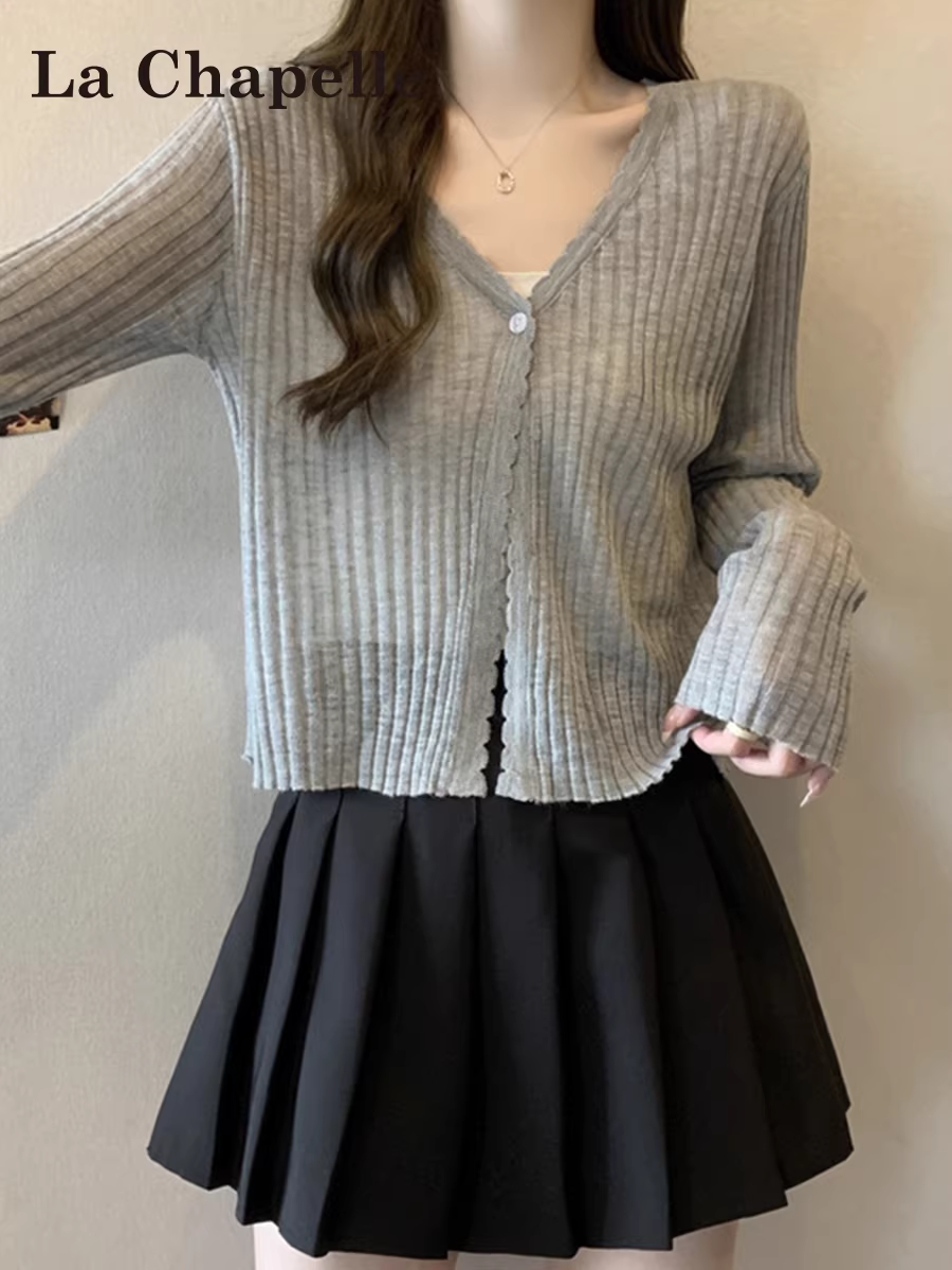 Áo cardigan len màu xám La Chapelle chống nắng cho nữ, mẫu mới hè 2025, chất liệu lụa đá mỏng, kiểu dáng rộng rãi