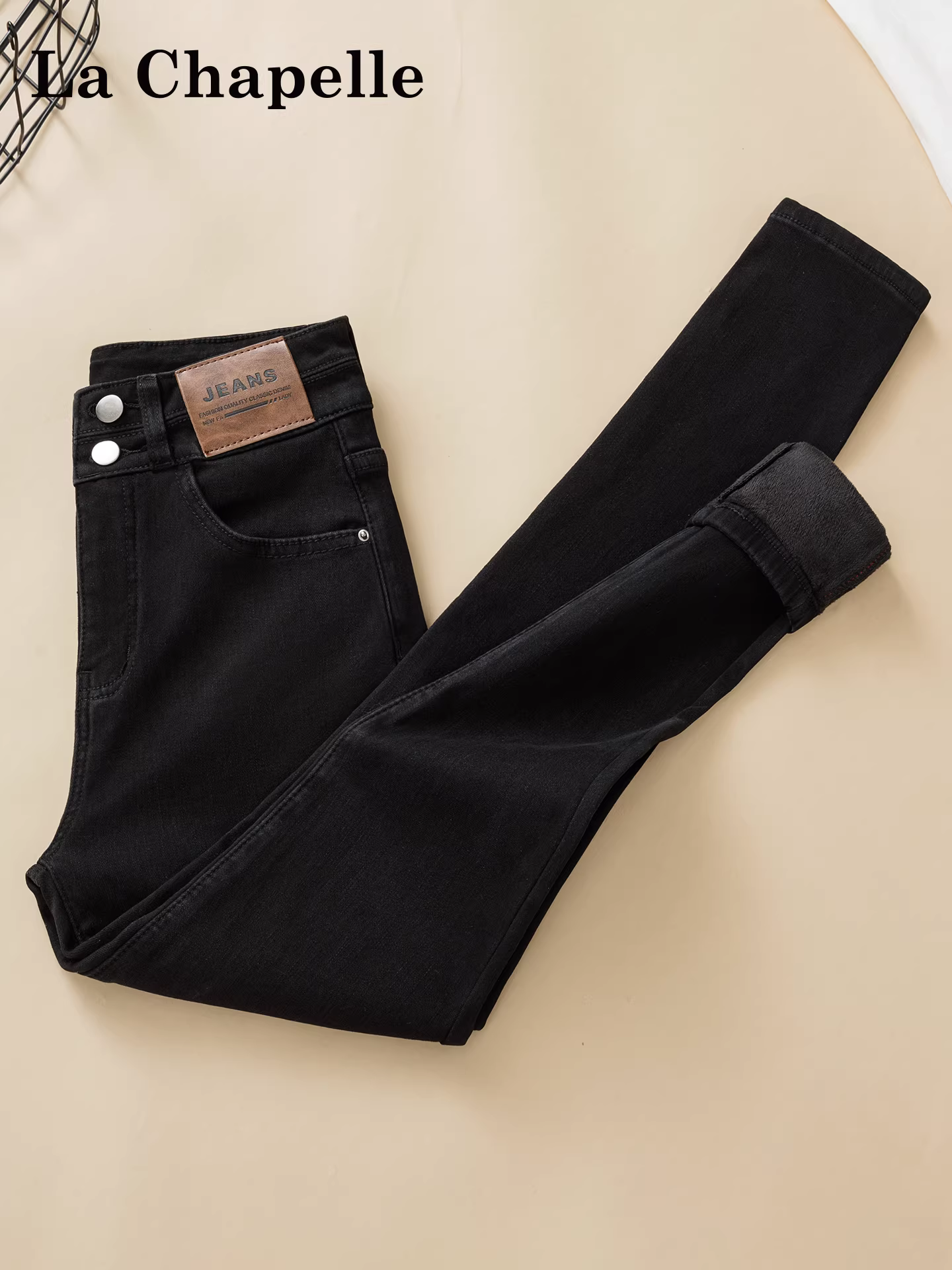 Quần jean nữ La Chapelle màu đen, lót lông cừu, dày dặn, ôm sát, kiểu dáng mới thu đông 2025, cạp cao, dáng bút chì