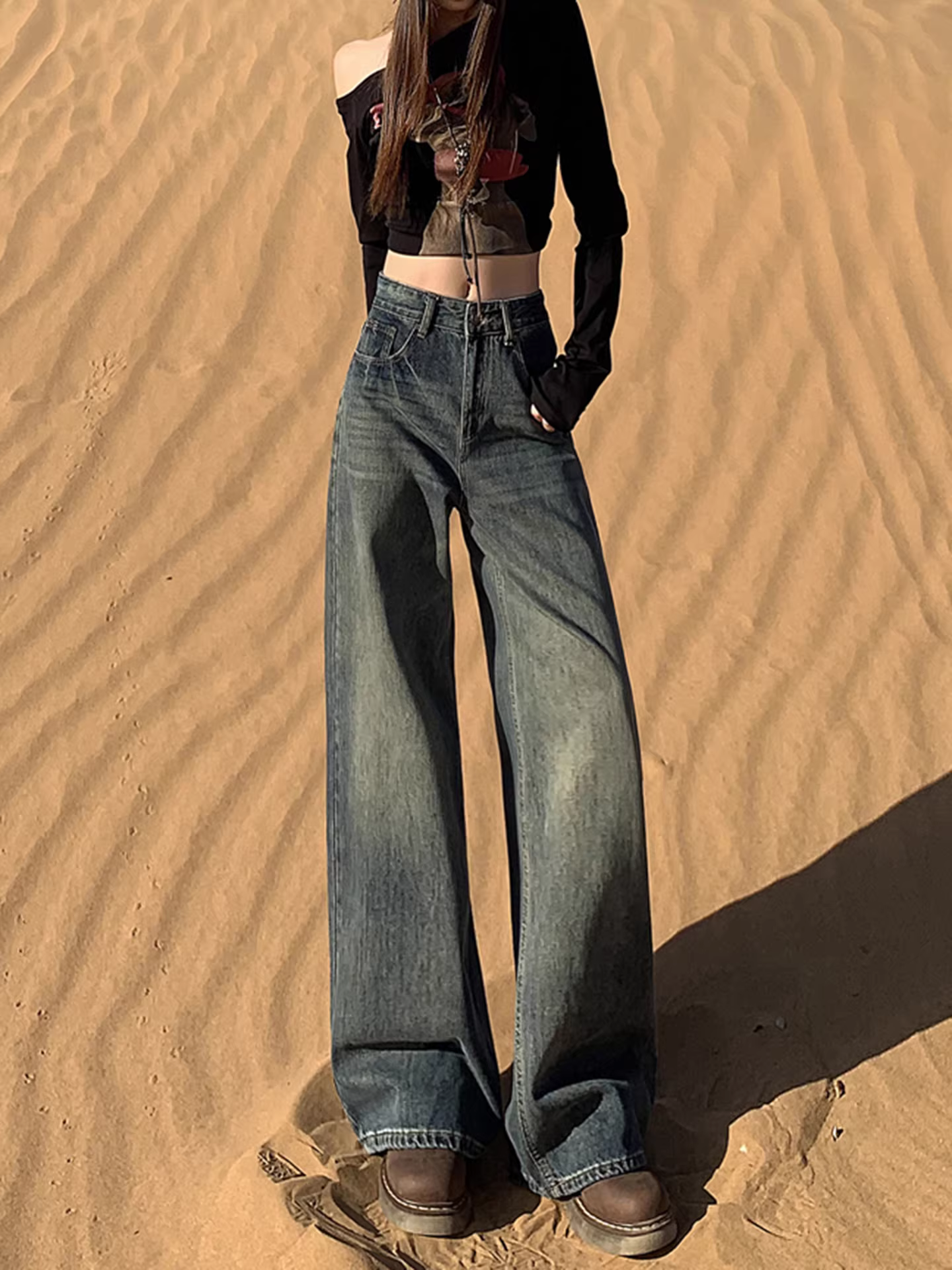 Quần jeans ống rộng La Chapelle kiểu retro dành cho nữ, thu đông 2025, cạp cao, dáng suông, size nhỏ