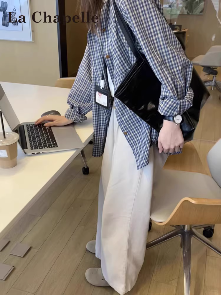 Áo sơ mi dài tay kẻ sọc xanh La Chapelle dành cho nữ 2025 mới mùa thu áo sơ mi dáng rộng nhỏ nhắn áo khoác