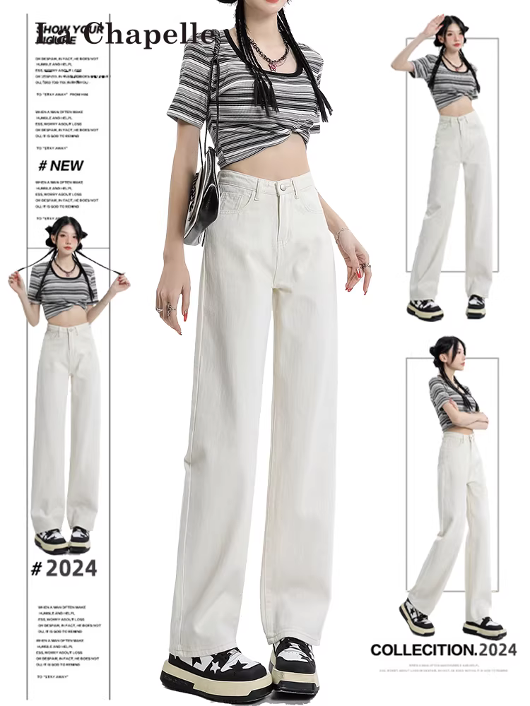 Quần jean trắng La Chapelle ống rộng dành cho nữ, lót lông cừu, kiểu mới 2025, quần ống đứng nhỏ gọn dành cho mùa thu đông.