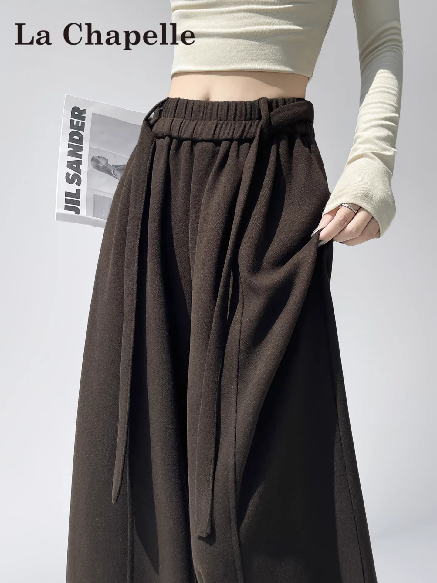 Quần ống rộng dày dặn lót lông màu cà phê La Chapelle dành cho nữ 2025, kiểu dáng mới thu đông, cạp cao, dáng thẳng, phong cách thường ngày