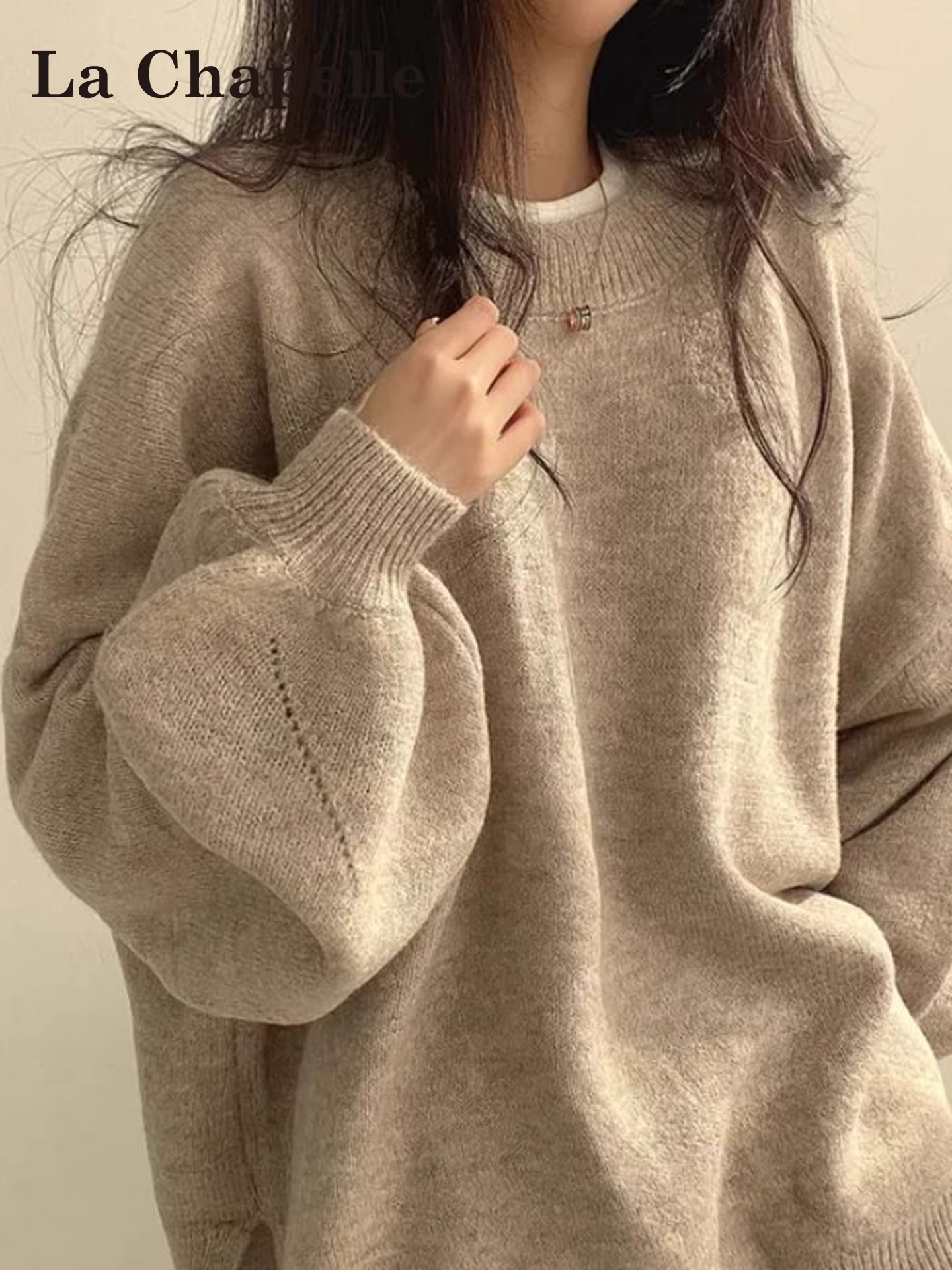 Áo len dệt kim màu kaki La Chapelle dành cho nữ, kiểu mới thu đông 2025, kiểu dáng rộng rãi và thoải mái, áo len mặc lót.