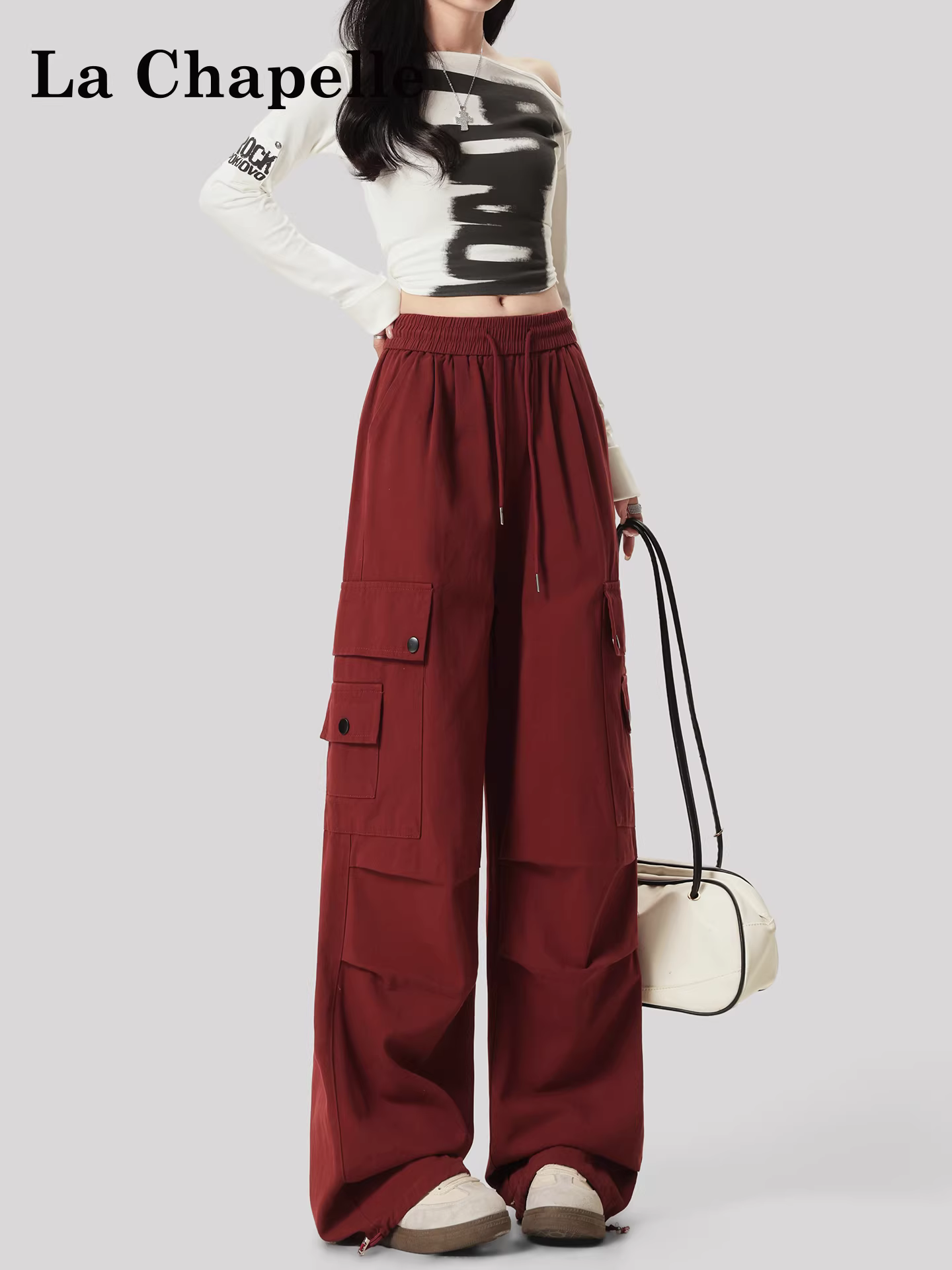 Quần ống rộng lót lông cừu màu đỏ La Chapelle dành cho nữ 2025 mới mùa thu đông quần ống rộng lưng cao dáng suông thường ngày