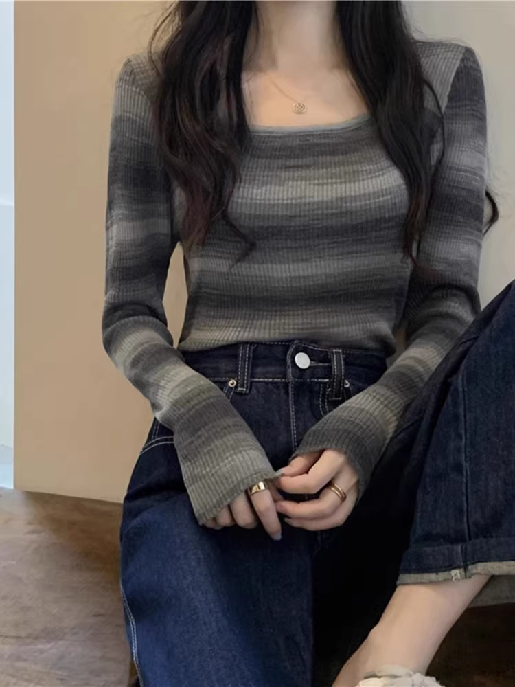 Áo len dệt kim cổ vuông kẻ sọc La Chapelle dành cho nữ, áo lót ngắn ôm sát kiểu mới thu đông 2025.