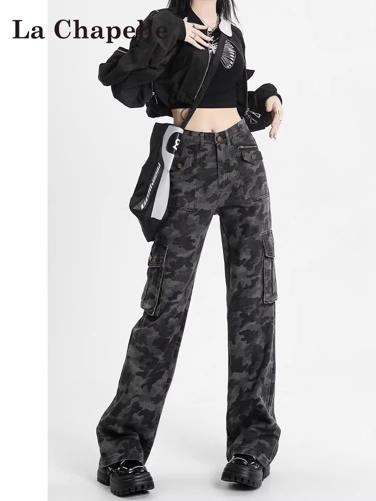 Quần cargo màu xám kiểu Mỹ La Chapelle dành cho nữ, mẫu mới thu đông 2025, cạp cao, ôm dáng, ống thẳng, phong cách cá tính