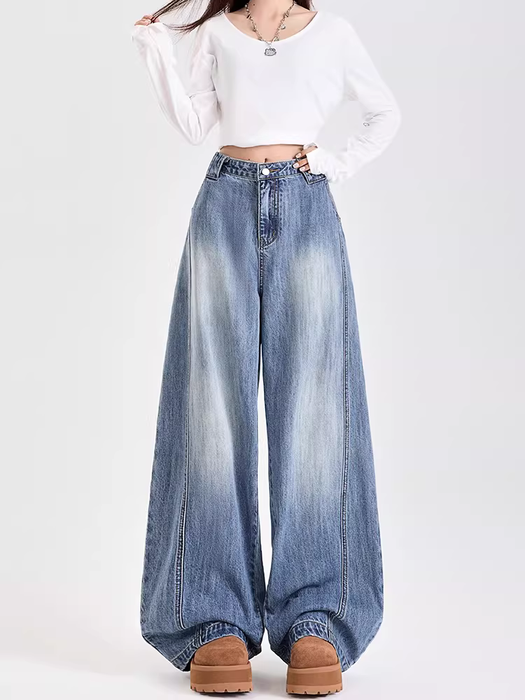 Quần jeans ống rộng La Chapelle dành cho nữ, mẫu mới xuân thu 2025, cạp cao, dáng suôn dài chấm đất.
