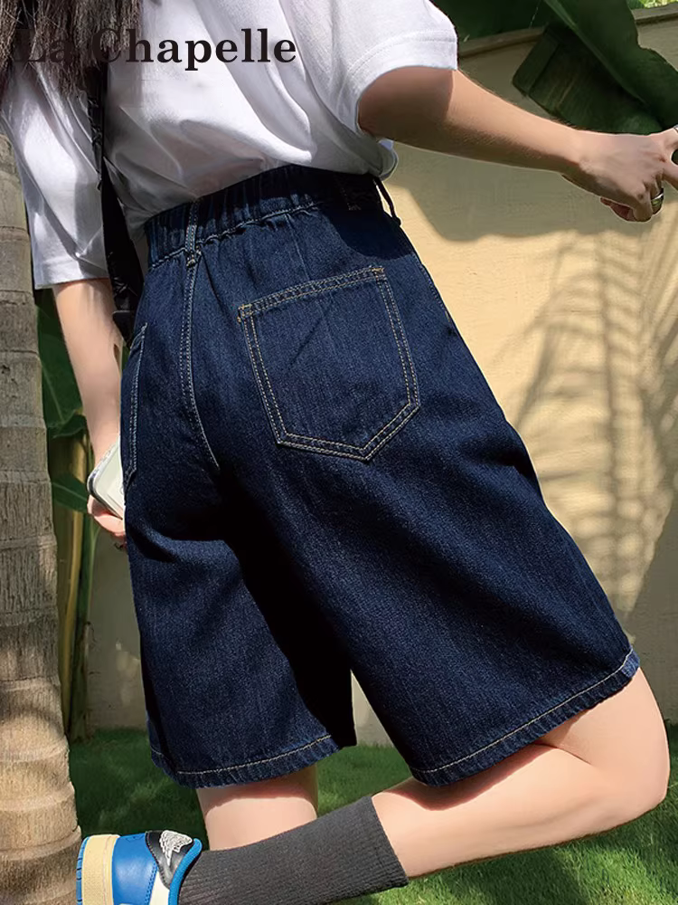Quần short denim lưng cao La Chapelle dành cho nữ, kiểu mới hè 2025, dáng nhỏ nhắn, rộng rãi, tôn dáng, ống thẳng, dài ngang đùi.