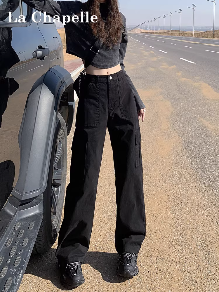 Quần cargo denim lót lông đen La Chapelle dành cho nữ, kiểu dáng Mỹ mới mùa thu đông 2025, cạp cao, ống rộng thẳng